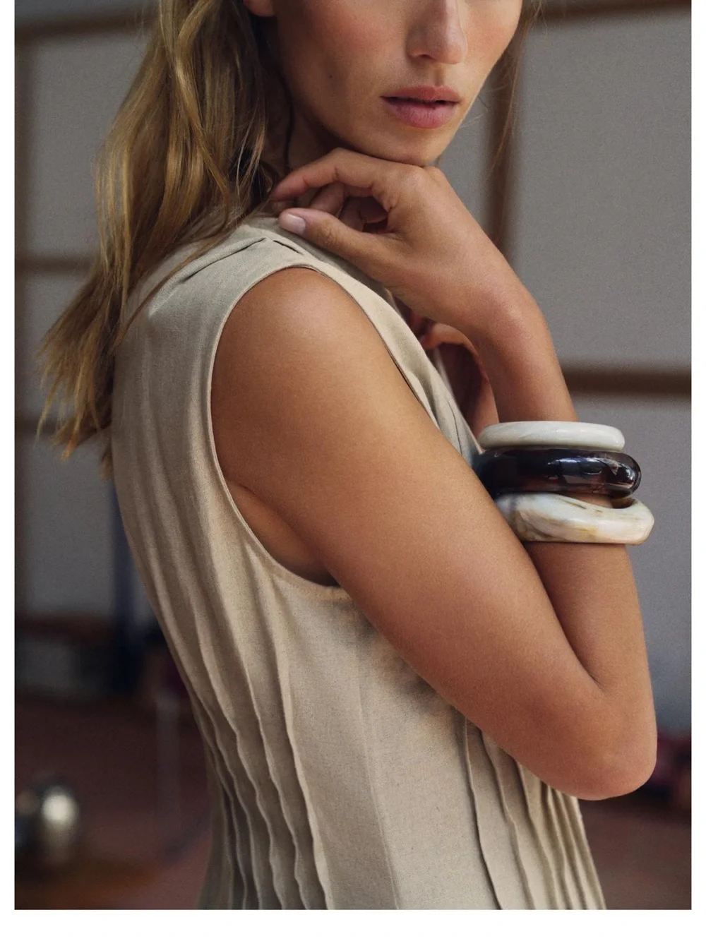 Zara light beige pleated linen midi dress